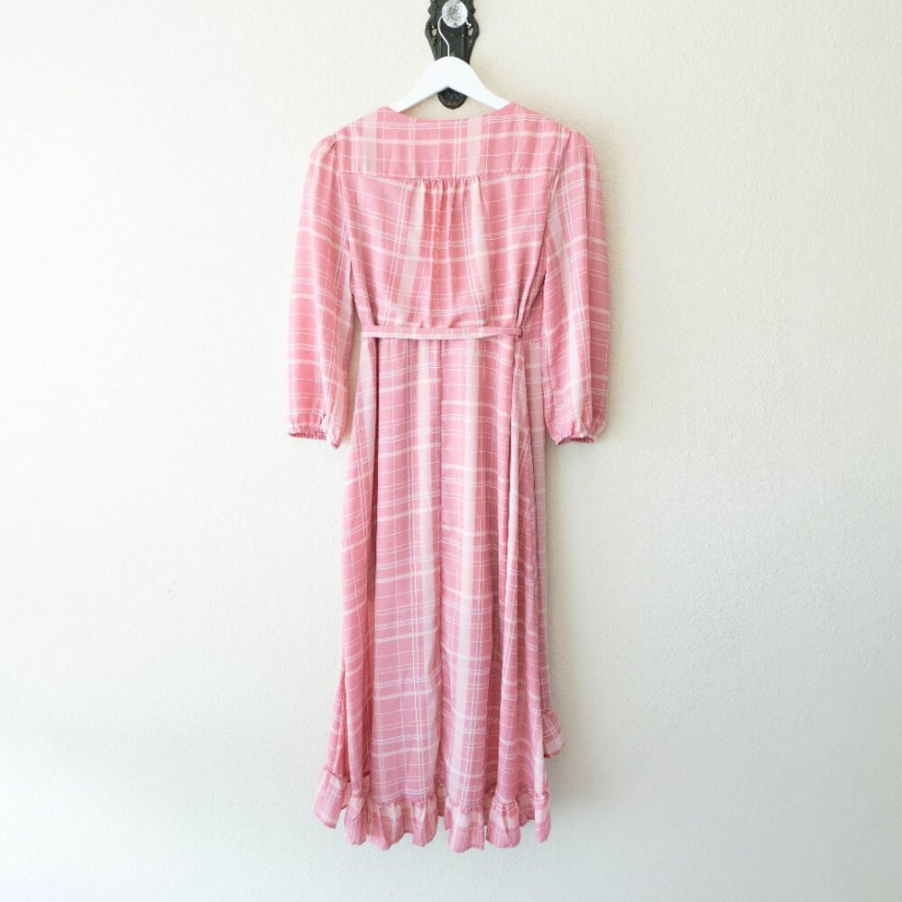 Mi Ami Pink Plaid Wrap Dress Womens M Ruffle Hem Midi Cottagecore Puff Sleeve - Picture 8 of 13